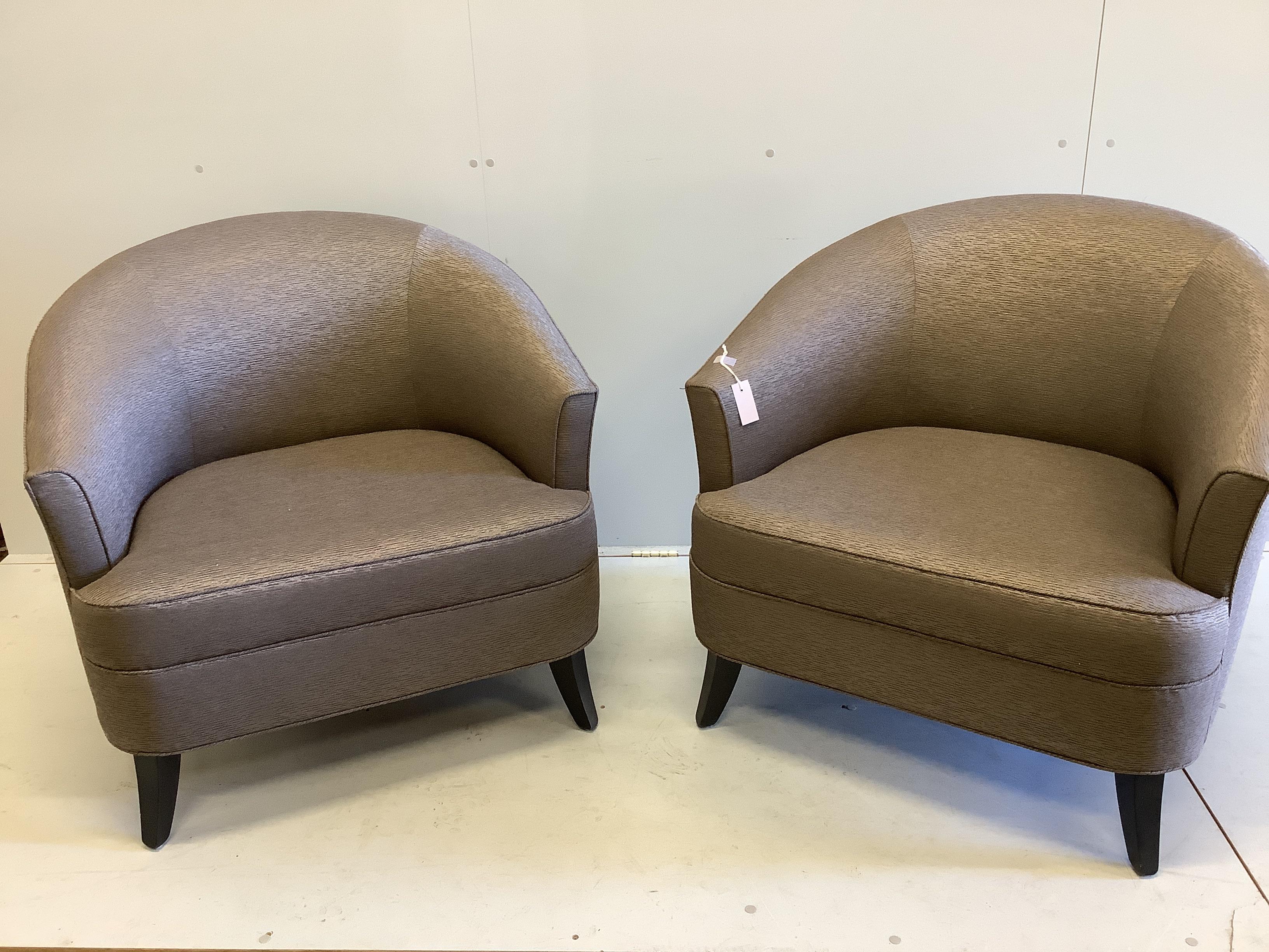 A pair of Bray Design club chairs, upholstered in Stark Fabric Cassaro dark matter Kimberlite fabric, width 84cm, depth 84cm, height 82cm